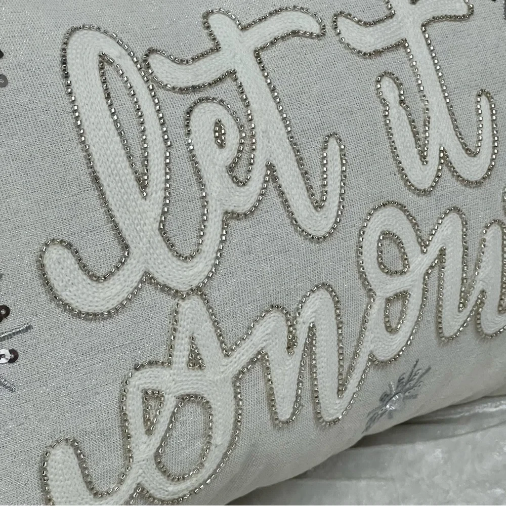 Grey Silver White Sequined Beaded Let It Snow Holiday Throw Pillow Cushion nwt